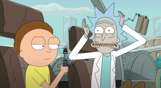 Rick freaking out while Morty holds a device in Rick and Morty Season 7