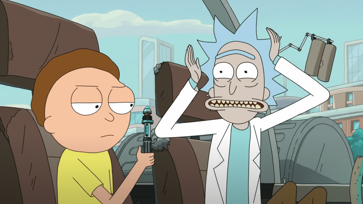 Rick freaking out while Morty holds a device in Rick and Morty Season 7