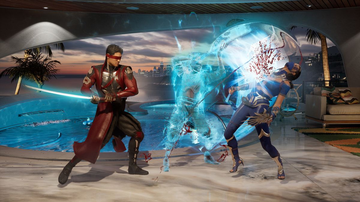 Kenshi fighting Kitana in Mortal Kombat 1.