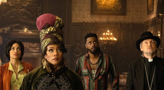 HAUNTED MANSION, from left: Rosario Dawson, Tiffany Haddis, LaKeith Stanfield, Owen Wilson, 2023. ph: Jalen Marlowe / © Walt Disney Studios Motion Pictures / Courtesy Everett Collection