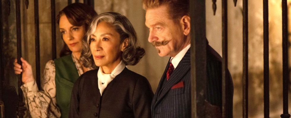 A HAUNTING IN VENICE, from left: Tina Fey, Michelle Yeoh, Kenneth Branagh as Hercule Poirot, 2023. ph: Rob Youngson / © Walt Disney Studios Motion Pictures /Courtesy Everett Collection