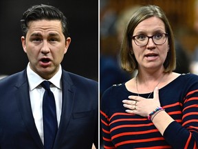 Le chef conservateur Pierre Poilievre, à gauche, et la leader du gouvernement à la Chambre des communes Karina Gould à la Chambre des communes à Ottawa le lundi 25 septembre 2023.