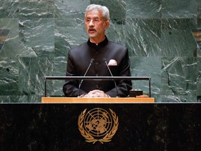 Le ministre indien des Affaires étrangères, Subrahmanyam Jaishankar, s'adresse à la 78e Assemblée générale des Nations Unies au siège de l'ONU à New York, le 26 septembre 2023.