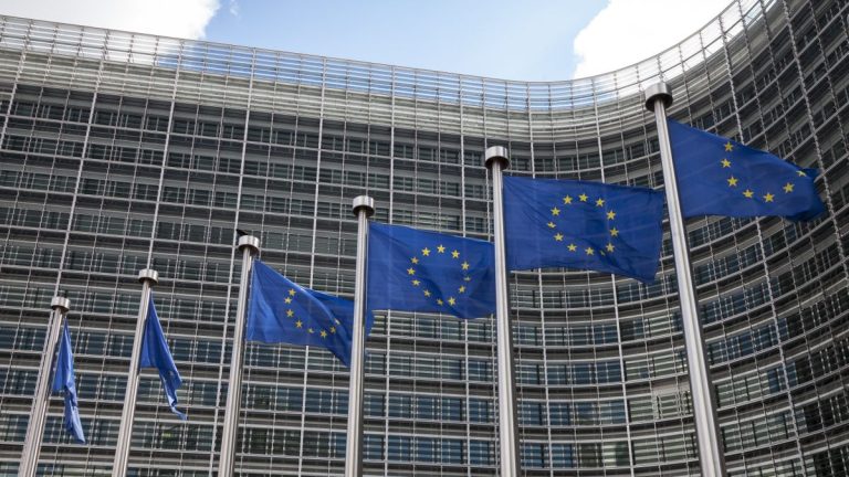 Belgium, Brussels, European Commission, European flags at Berlaymont building