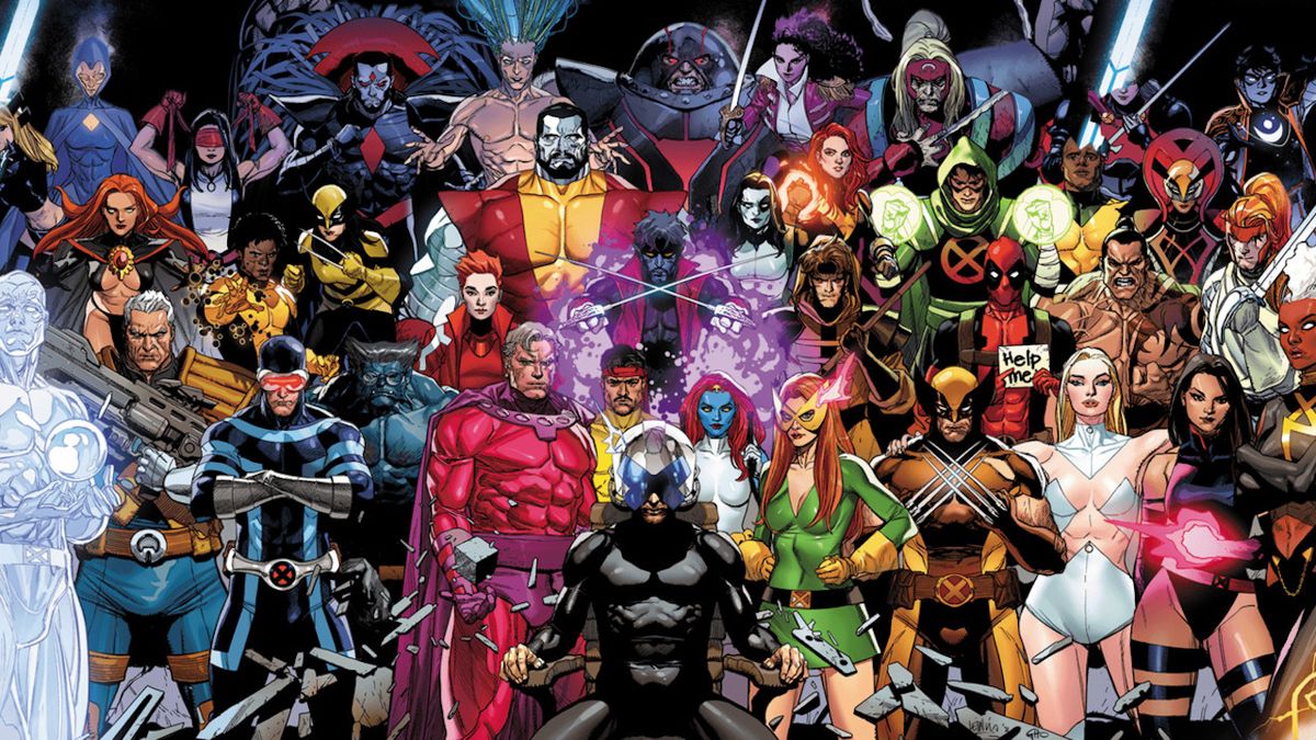 Marvel Comics illustration of major X-Men heroes and villains