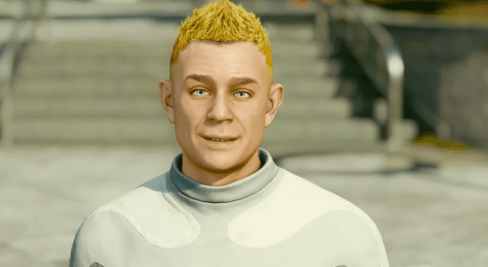 Starfield - the Adoring Fan NPC, with his trademark mustard-yellow mohawk