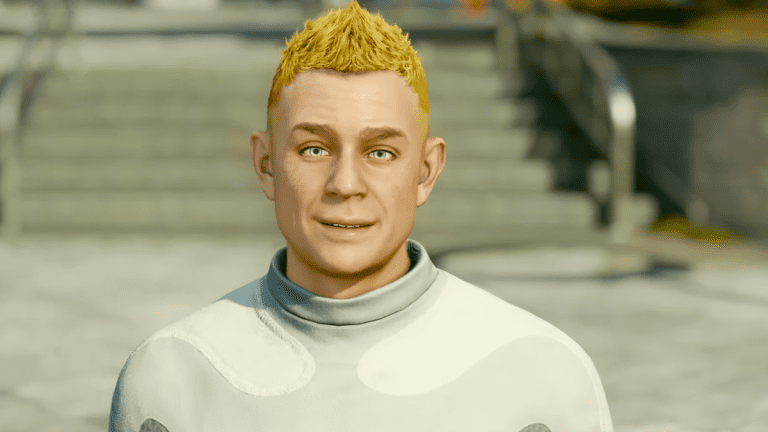 Starfield - the Adoring Fan NPC, with his trademark mustard-yellow mohawk