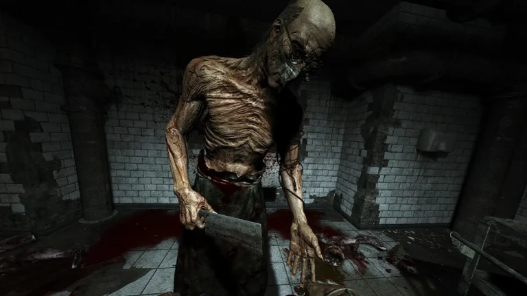 Outlast: An emaciated Dr. Trager holding a cleaver.