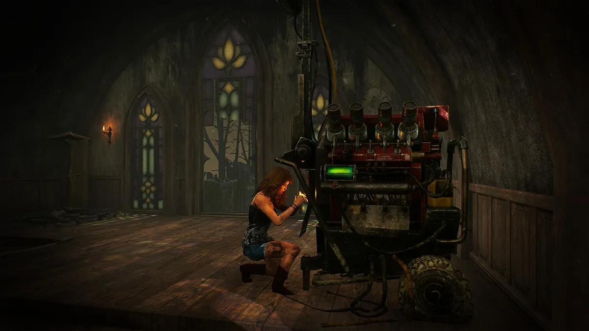 Dead by Daylight: A female survivor fixing one of the generators.