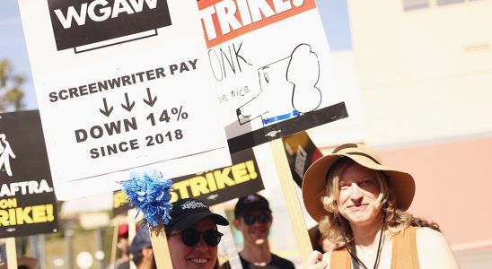 BURBANK, CALIFORNIA - JULY 21: Members and supporters of SAG-AFTRA and WGA walk the picket line at Disney Studios on July 21, 2023 in Burbank, California. Members of SAG-AFTRA, Hollywood's largest union which represents actors and other media professionals, have joined striking WGA (Writers Guild of America) workers in the first joint walkout against the studios since 1960. The strike could shut down Hollywood productions completely with writers in the third month of their strike against the Hollywood studios. (Photo by Tommaso Boddi/Getty Images)