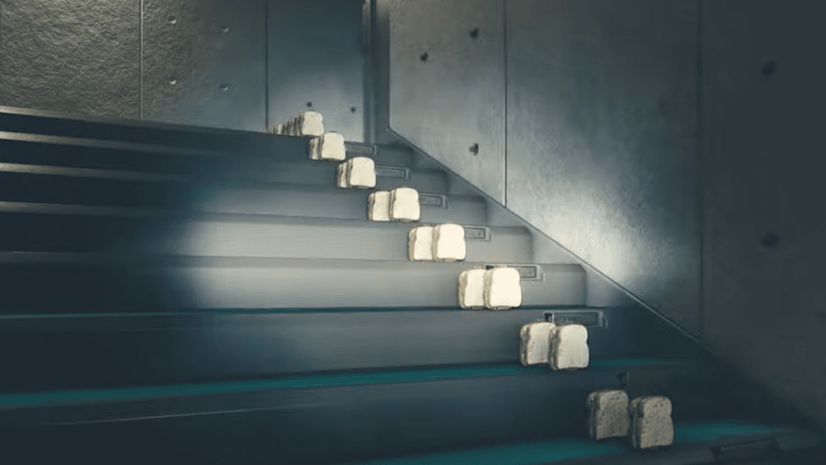 An ominous row of sandwiches perched upon a set of stairs in Starfield.