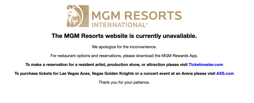 Mercredi matin, la page d'accueil de MGM Resorts indique toujours que le site Web n'est pas disponible. 