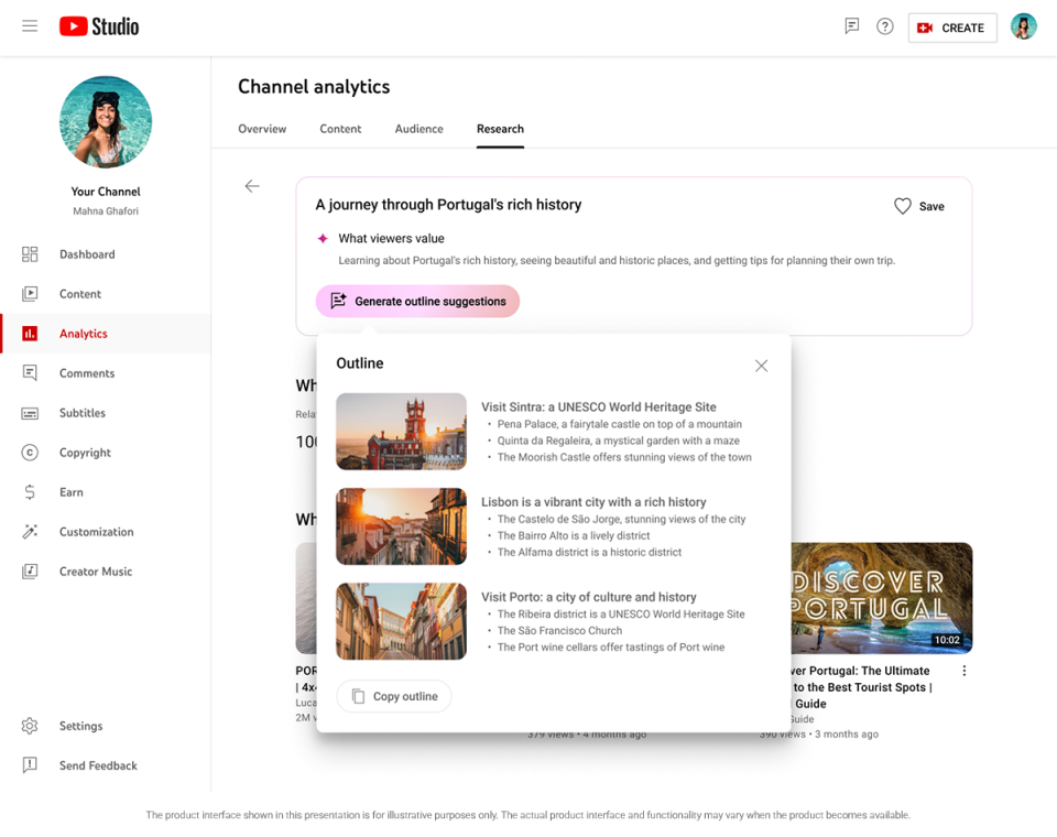 Capture d'écran marketing YouTube d'une fonctionnalité générative à venir appelée AI Insights.  La photo montre la page YouTube Studio d'un créateur.  La page d'analyse de la chaîne comporte un encadré en haut indiquant : 