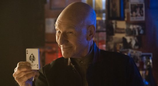 Patrick Stewart holding deck of cards in Star Trek: Picard