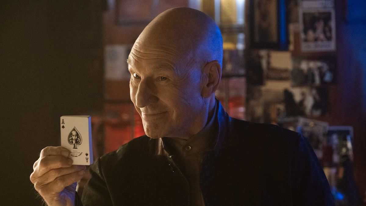 Patrick Stewart holding deck of cards in Star Trek: Picard