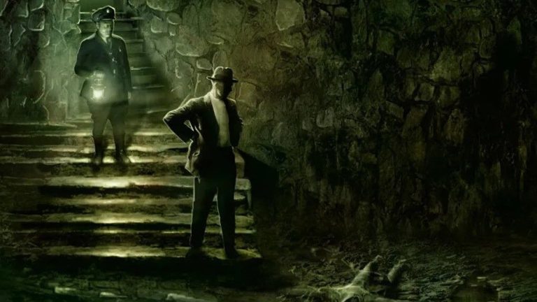 An investigator and a policeman looking at a crime scene in Trail of Cthulhu.