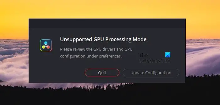 Mode de traitement GPU non pris en charge dans DaVinci Resolve