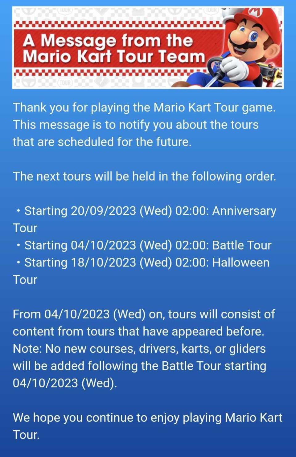 Message sur Mario Kart Tour. 