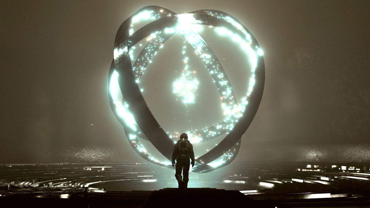 Starfield — a Starfield player character approaches a hovering, glowing, gyroscope-like artifact.