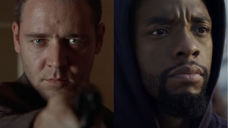 Russell Crowe in L.A. Confidential and Chadwick Boseman in 21 Bridges, pictured side by side. 