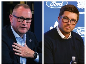 Une photo composite de l'actuel directeur général des Maple Leafs, Brad Treliving, à gauche, et de l'homme à qui il a succédé, Kyle Dubas.