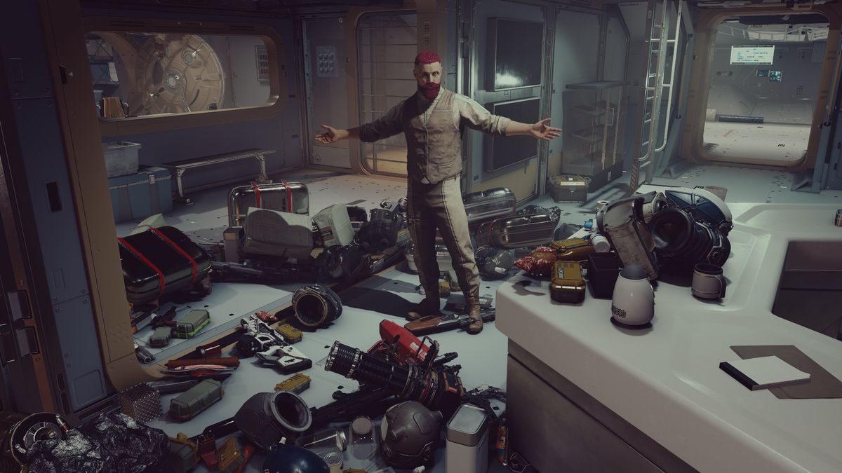 Starifled - a player holds their arms out, encompassing all the junk on the floor of their spaceship