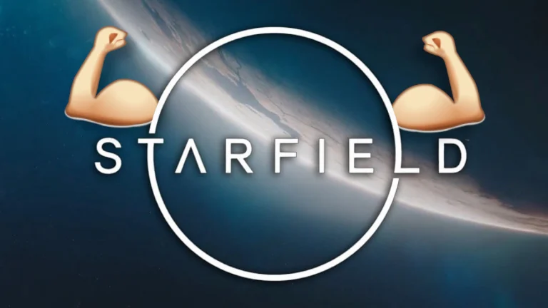 The Starfield logo with cartoon pecks that are flexing.