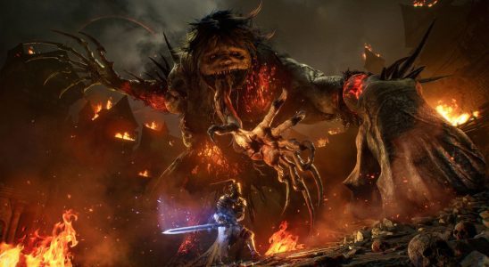 The visual style of Lords of the Fallen has been inspired by Berserk and other dark fantasy manga. An enormous beast with three arms looms over the hero of the game.