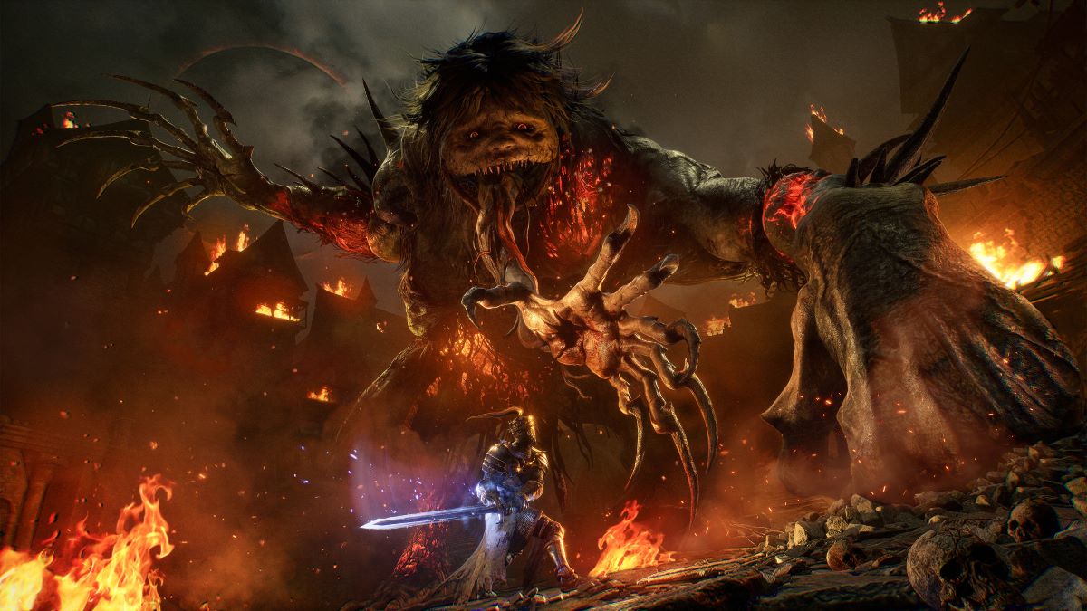 The visual style of Lords of the Fallen has been inspired by Berserk and other dark fantasy manga. An enormous beast with three arms looms over the hero of the game.