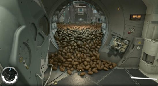 Starfield, a ship airlock door is open, thousands of brown russet potatoes fall out into the hallway