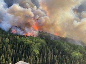 Un incendie de forêt brûle dans une forêt près de la ville de Cochrane, en Ontario, sur une photo distribuée le 6 juin 2023.