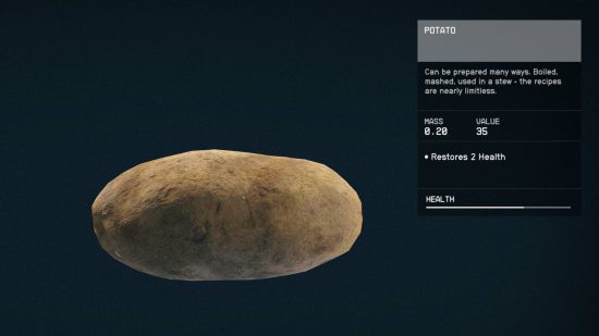 Une pomme de terre, accompagnée de son œuf de Pâques Starfield, qui est sa description inspirée du Seigneur des Anneaux.  Ça lit: 