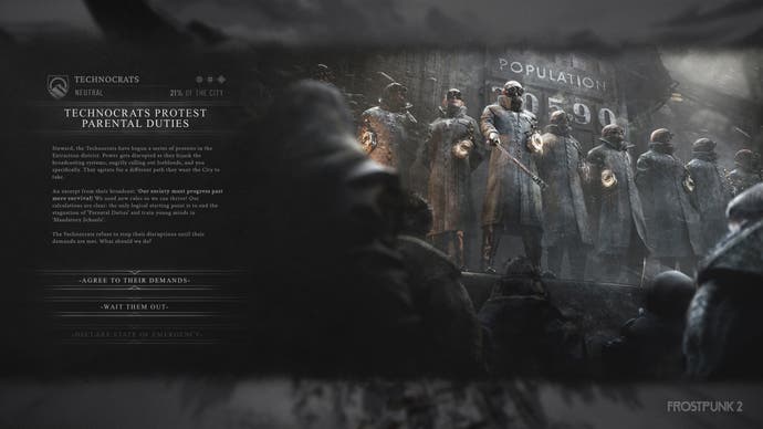 Un écran de démarrage dans Frostpunk 2 montrant un moment de conflit entre factions.  Ici, les technocrates protestent pour l’avenir qu’ils souhaitent voir dans votre société.