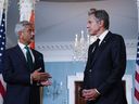 Le secrétaire d'État américain Antony Blinken s'entretient avec le ministre indien des Affaires étrangères Subrahmanyam Jaishankar, le jeudi 28 septembre 2023, au Département d'État à Washington.