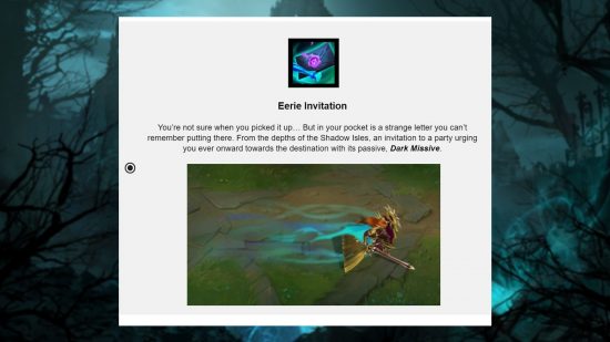 Une capture d'écran d'un sondage de Riot Games montrant une femme en armure avec un énorme bouclier et une épée courant avec une traînée de brume bleu-vert dans une zone verte, et l'effet d'un élément appelé « Invitation étrange ». 