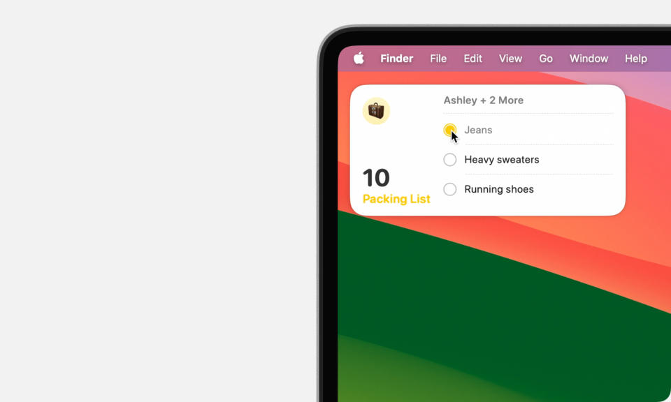 Capture d'écran d'un widget de rappel macOS Sonoma (affichant une liste de tâches) sur un MacBook