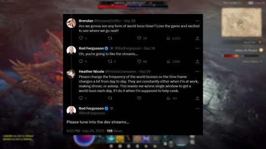 Boss mondiaux de Diablo 4 – Le directeur général Rod Fergusson répond aux requêtes de Twitter concernant le minuteur du boss mondial et les modifications apportées à la fréquence d'apparition, affirmant que les joueurs devraient attendre avec impatience leur prochain flux de mise à jour des développeurs.