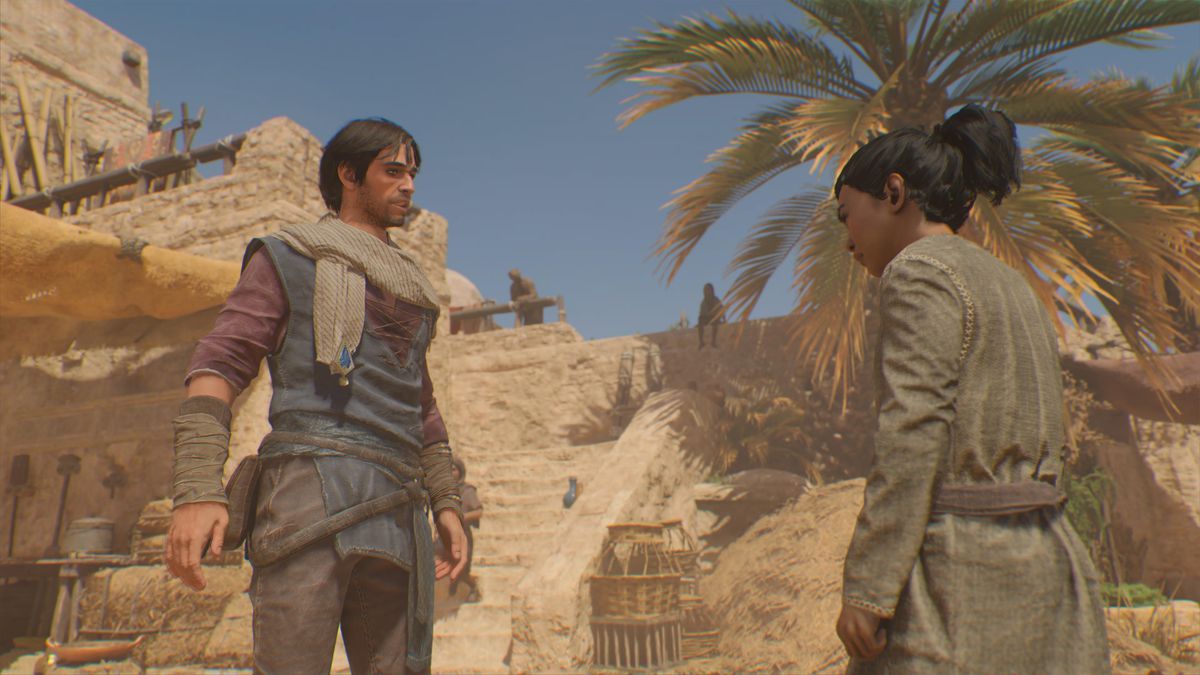 Basim, en tant que voleur de rue, parle à un jeune voisin à Bagdad dans Assassin's Creed Mirage