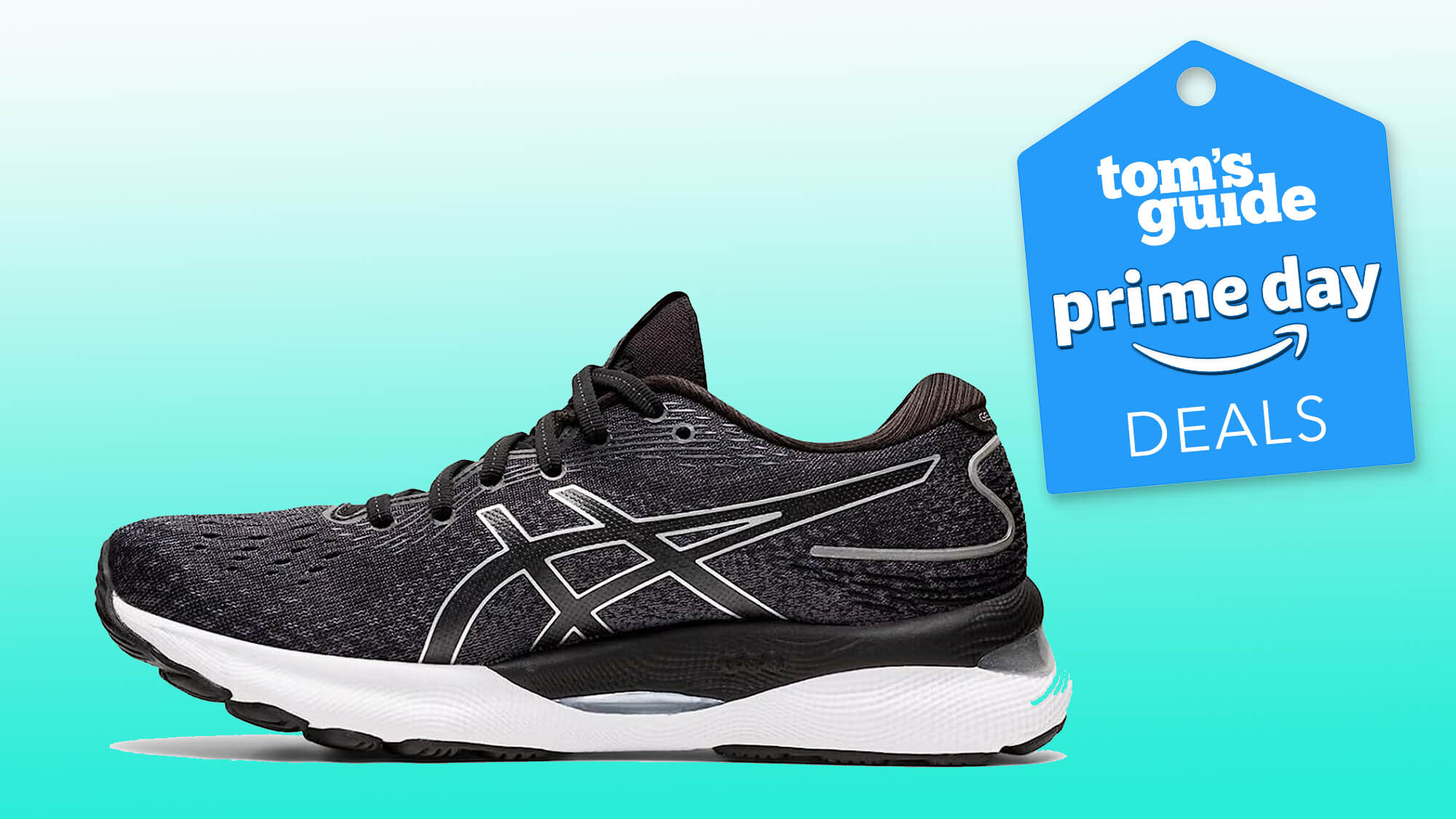 Chaussures de course Asics Gel-Nimbus 24 avec timbre Tom's Guide Prime Day et fond bleu