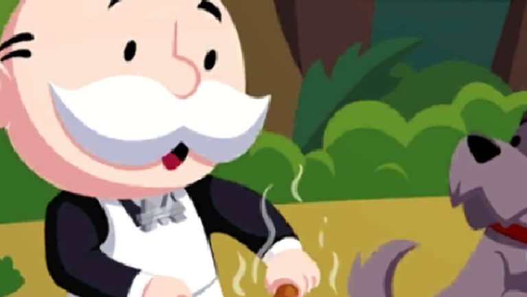 Header for Monopoly GO showing the Monopoly Man and his dog talking about all the rewards and how to get them for the Camp Cook-Off event.