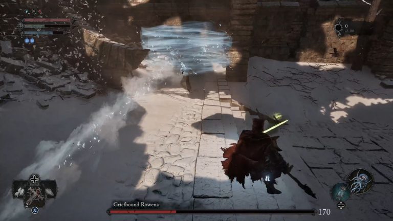 Image from Lords of the Fallen (LotF) showing a battle with Griefbound Rowena as part of a guide on how to beat her in the game.