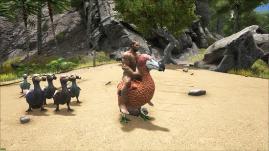 Meilleurs mods Ark Survival : Le joueur chevauche un gros dodo avec un mod Ark Survival Evolved.  Les bébés se dandinent derrière eux.