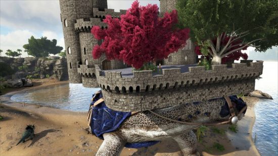 Meilleurs mods Ark Survival : Le mod World Turtle dans Ark Survival Evolved a des arbres qui poussent sur le mur sur le dos.