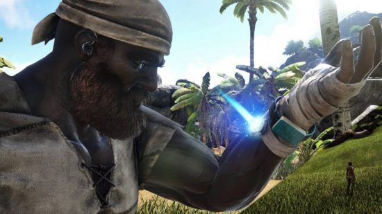 Meilleurs mods Ark Survival : Utilisation d'un appareil électronique au poignet avec le mod Dino Tracker dans Ark Survival Evolved.