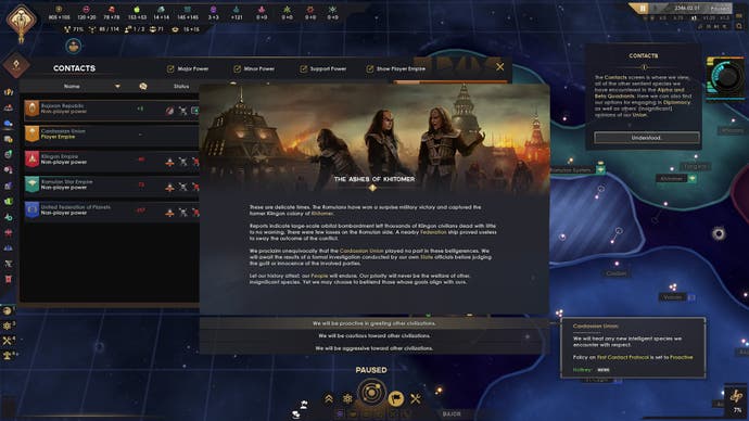 Star Trek : Infinite capture d'écran montrant une invite d'événement intitulée Les Cendres de Khitomer, demandant au joueur comment il souhaite se comporter envers les autres civilisations.