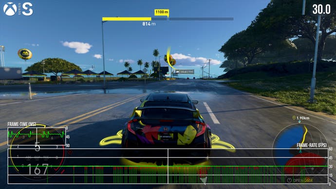 Capture d'écran des performances de la série Xbox montrant des creux et des déchirures dans The Crew Motorfest