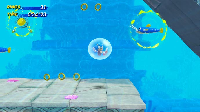 Sonic flottant dans une bulle au niveau sous-marin dans Sonic Superstars