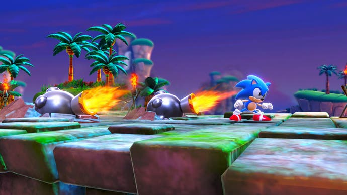 Gros plan sur Sonic touché par les mains de la fusée d'Eggman