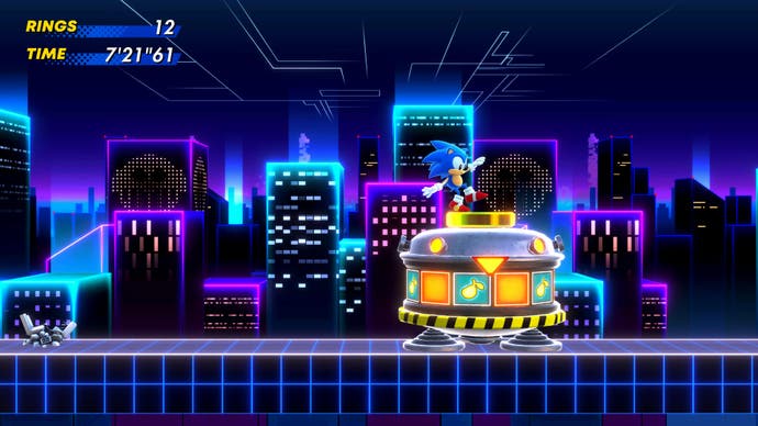 Sonic vacille au bord de la capsule de fin de niveau dans la zone Cyber ​​Station.