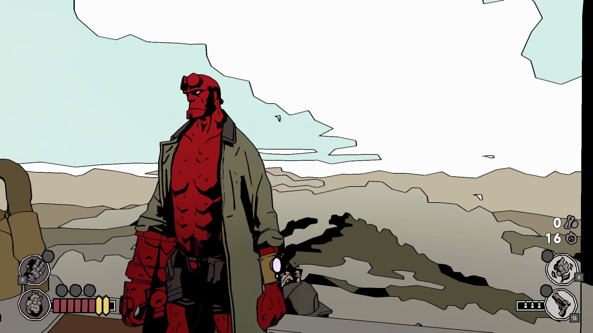 Revue de Hellboy Web of Wyrd : Hellboy debout sur un pont, le dos tourné vers un horizon nuageux.